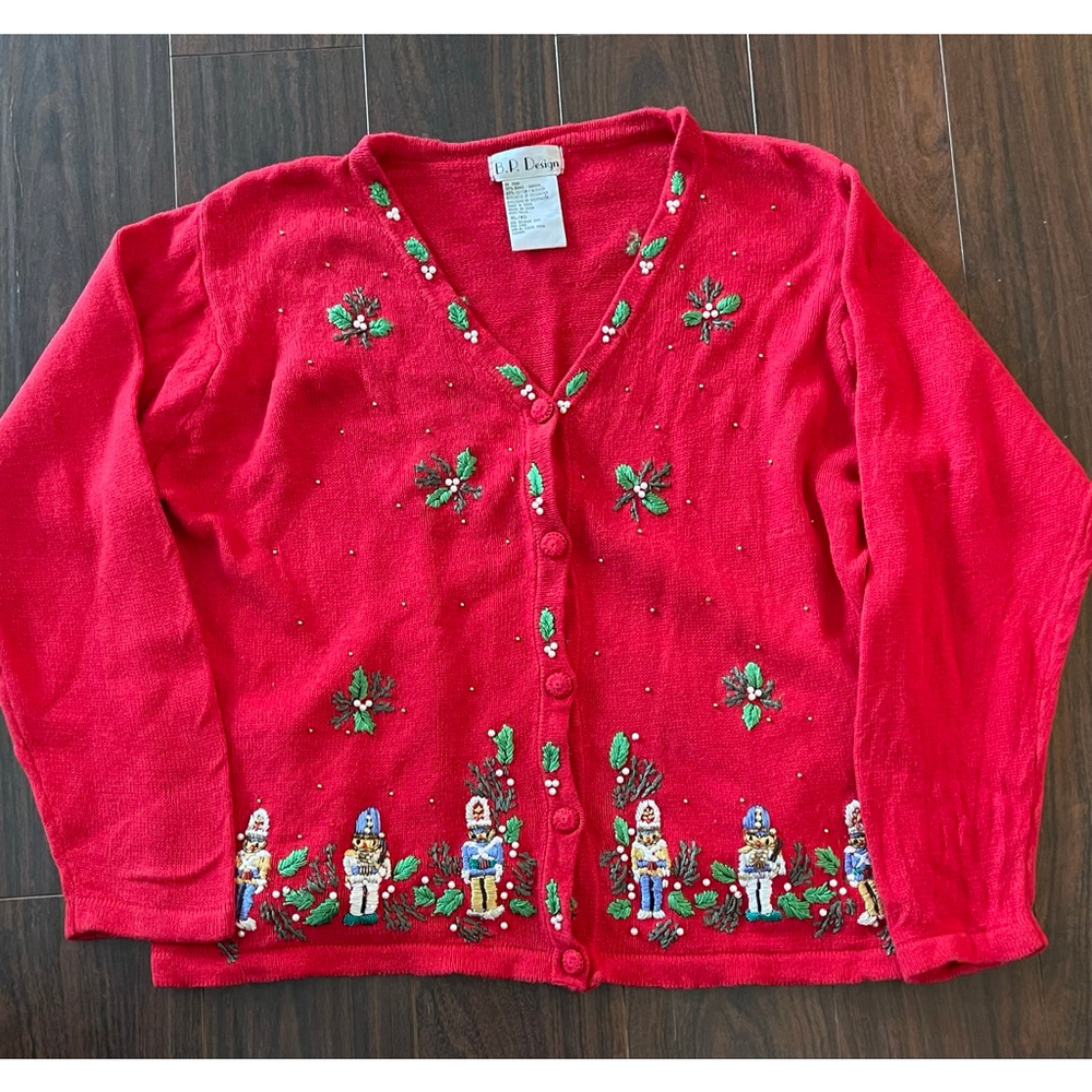 BP Design Women’s XL Nutcracker Embroidered Christmas Cardigan Sweater Red